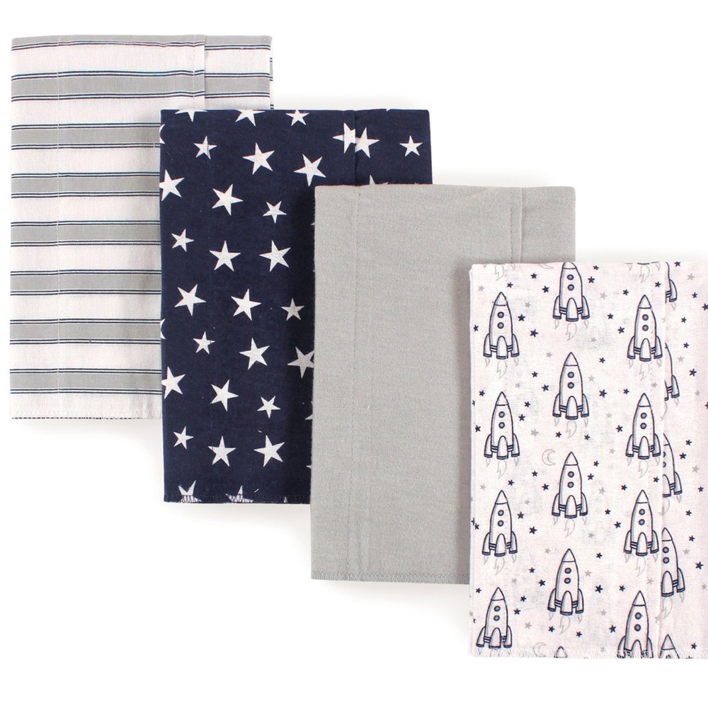 NWT Hudson Baby 4-Pack Flannel Burp Cloths, Rocket Ship